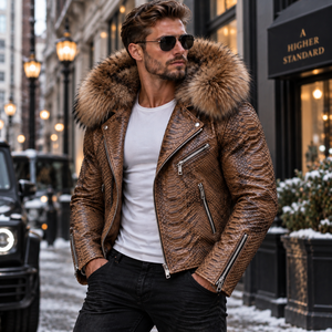 Men's Embossed Python <b>Leather</b> <b>Biker</b> <b>Jacket</b> Breathable Summer Casual Style - Product Image 5