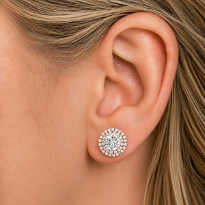 Rose Gold Plated Round Diamond Stud <b>Earrings</b> Double Halo <b>Moissanite</b> Birthday Gift Jewelry - Product Image 4