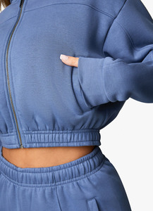 Hooded Crop Zipper Sweatshirt Solid Blue Fleece Oversized Casual Autumn Wear Regular Sleeve Unisex - Product Image 4