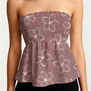 Haut bustier smocké à imprimé floral pour femme, sans manches, style peplum, idéal pour l'été - Product Image 4