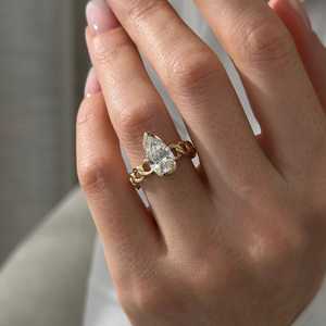 2 Carat Pear Cut Lab Grown Diamond Cuban Chain Design <b>Engagement</b> <b>Ring</b>, <b>UNIQUE</b> Half Bezel Set in 14k Yellow Gold, IGI Certified - Product Image 1