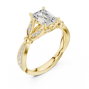 Yellow Gold Lab Grown Diamond Engagement <b>Ring</b>, <b>Emerald</b> Cut Center Stone, Floral Pavé <b>Band</b>, Elegant Luxury Bridal Wedding Jew - Product Image 2