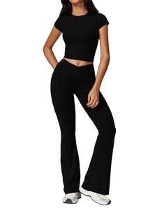 Ensemble de Yoga taille moyenne pour femmes respirant cordon fermeture Legging Slim Fit soutien-gorge Fitness hauts pantalons serrés motif solide - Product Image 4