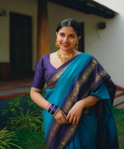 Traditional Indian Silk Saree Blue Purple Border Women's Wedding Wear <b>Floor</b> Length Regular Fit Ethnic Dress - Product Image 3