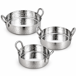 Ensemble de 3 plats de service ronds en acier inoxydable, 480 ml, 700 ml, 1000 ml, bols de service en acier à base plate martelée avec deux poignées, finition brillante - Product Image 1