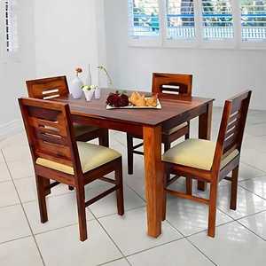 Premium Solid Wood 4 Seater <b>Dining</b> Table Set Honey Finish with Upholstered Cushioned <b>Chairs</b> Wooden <b>Dining</b> Room Furniture - Product Image 3