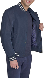 <b>Men's</b> Navy Varsity <b>Jacket</b> Solid Color Button Closure Turn-down Collar Casual Style Autumn Wear Regular Fit Polyester Material - Product Image 2
