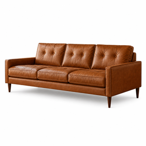 โซฟาหนังแท้สามที่นั่ง สไตล์โมเดิร์นกลางศตวรรษ พนักพิงแบบ Tufted แขนตรง ขาไม้ โซฟาหนังสำหรับห้องนั่งเล่น - Product Image 1