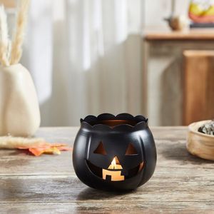 Porte-bougie cylindrique décoratif en métal noir et orange pour Halloween, lanterne à bougie pilier ou chauffe-plat, centre de table - Product Image 5