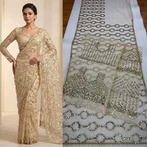 Sari indien élégant en soie beige avec broderies dorées et paillettes, tenue de mariage pour femme, longueur au sol, coupe classique, toutes saisons - Product Image 3