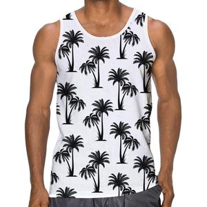 Chemises sans manches pour hommes, débardeur blanc et noir à imprimé palmiers, col rond, décontracté, été, coupe musclée - Product Image 1