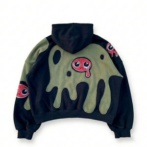 Sweat à capuche noir pour homme SHY SPORTS avec logo personnalisé, en molleton épais, avec patchwork vert slime et épaules tombantes, motif graphique mignon - Product Image 2