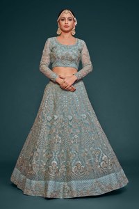 Elegant Zari Embroidered <b>Net</b> Lehenga Choli Sheer Long Sleeve Party Dress With Dupatta for Women - Product Image 5