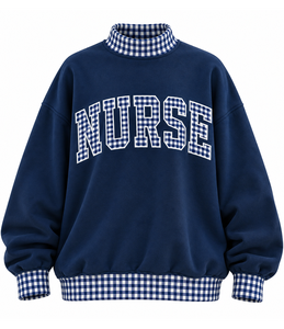 Wholesale Custom Women’s <b>Mock</b> Neck Pullover Gingham Letter Applique Ribbed Cotton Oversized Winter Sweatshirt - Product Image 5