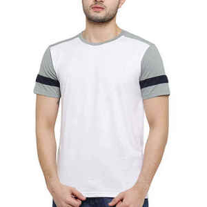T-shirt blanc pour homme à blocs de couleur, manches courtes, col rond, coupe classique, en jersey de coton, décontracté, avec bordure contrastante - Product Image 1