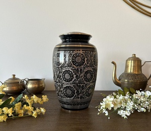 New Modern Customized Oval Cremation Urn Black Gold Hand Engraved Floral Handcrafted Aluminum Adult Human Ashes Decorative - Product Image 3