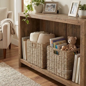 Vintage Collapsible Foldable Woven Seagrass <b>Cube</b> Storage <b>Basket</b> Set with Integrated Handles Multi-Purpose Organization - Product Image 4