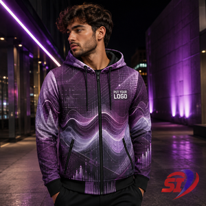 Sweat à capuche graphique personnalisé, motif vague prune-lilas, fermeture éclair intégrale, logo marque privée, vente en gros, OEM, vêtements streetwear - Product Image 6
