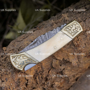 Custom Handmade Hunting Damascus Steel Straight Back Lock Folding <b>Knife</b> Leather Sheath Camel <b>Bone</b> <b>Handle</b> Brass Engraved Accents - Product Image 6