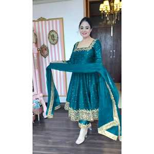 Pure Vichitra Silk Anarkali Gown Dupatta & Pant Plazzo Set Women's Party Wear Taille 2XL - Product Image 1