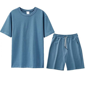 Conjunto de camiseta de manga corta de algodón azul marino unisex con cuello redondo y pantalones cortos casuales de verano transpirables de ajuste holgado con cordón y laterales - Product Image 6