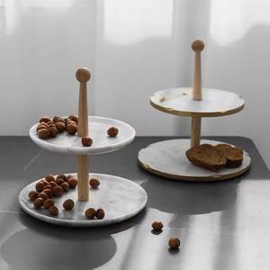 Two-Tier <b>Marble</b> <b>Cake</b> <b>Stand</b> with Gold Rim and Wooden Post for Desserts - Product Image 2