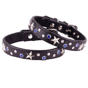 Collier de chien en cuir véritable sur mesure avec conchos étoiles et clous de strass bleus travail fabricant fournisseur Saman exportations - Product Image 3