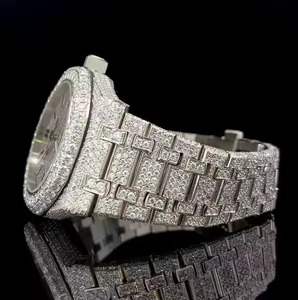 Montre de luxe en acier inoxydable entièrement sertie de diamants, cadran rond, mouvement à quartz analogique, 40 mm, unisexe, tendance - Product Image 3