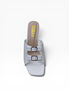 Sandales élégantes blanches à talon compensé pour femme, à double boucle, bout carré ouvert, à enfiler, chaussures tendance pour les fêtes, le quotidien et les occasions décontractées - Product Image 1