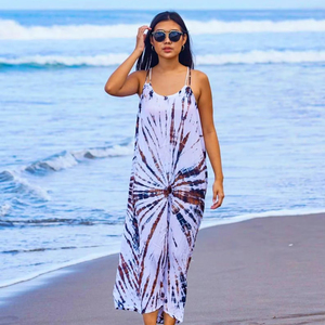 ชุดเดรสแม็กซี่ผ้าเรยอนสีขาวน้ำตาลแบบลำลองสำหรับผู้หญิง สายเดี่ยวแบบสปาเก็ตตี้ คอวี ทรงพลิ้วสไตล์โบโฮ ชุดเดรสยาวสำหรับฤดูร้อน - Product Image 1