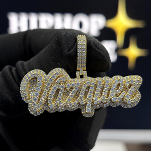 <b>Custom</b> Pave Script <b>Name</b> Pendant 925 Sterling Silver VVS Moissanite Fully Iced Raised Letter Hip Hop <b>Necklace</b> Yellow Gold Unisex - Product Image 4