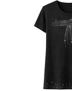 Camiseta de algodón negra personalizada para mujer con diseño de borlas de diamantes de imitación, manga corta, cuello redondo, top informal de moda para damas, venta al por mayor. - Product Image 3