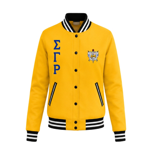 Custom Yellow Gold Varsity Letterman <b>Jacket</b> with White Striped Rib Collar Snap Buttons and Embroidered Greek Crest Logo Apparel. - Product Image 1