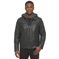 Veste d'hiver pour homme en toile de peau de mouton noire, à capuche, col montant, logo imprimé 3D sur le devant, fermeture éclair, coupe classique, couleur unie