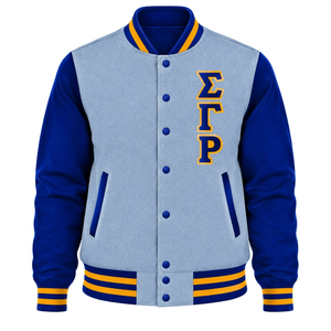 Womens Light <b>Grey</b> Varsity Bomber <b>Jacket</b> Blue Sleeves Greek Letter Embroidery Gold Trim Snap Button Ribbed Collar Cuffs Casual - Product Image 1