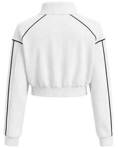 Chaqueta deportiva corta blanca para mujer con cremallera, para gimnasio y fitness, con ribetes negros en contraste, proveedor OEM. - Product Image 2