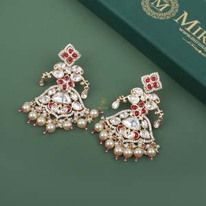 Kavisha Gold Plated Pearl & Diamond Chandelier Hoop Earrings-Vintage Ethnic Flower Design for Wedding & Party - Product Image 5
