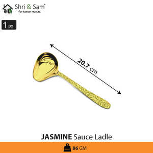 Louche à sauce en acier inoxydable pour desserts, revêtement PVD doré et design jasmin au laser - Product Image 2
