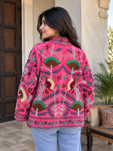 Custom Maaunique Hand Embroidered Eco-Friendly 100% Cotton Suzani <b>Velvet</b> Bomber Jacket Traditional Floral Festival <b>Coat</b> O-Neck - Product Image 5