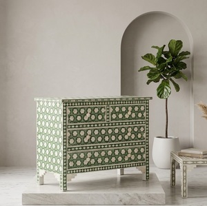 Buffet en bois massif avec incrustations vertes, commode à 5 tiroirs, meuble de rangement moderne pour salon - Product Image 2