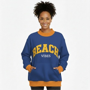 Women Two Tone Mockneck Ribbed Fleece Pullover <b>Top</b> with Badge & Sequined OEM Service High Quality Trendy Lightweight Daily Wear - Product Image 1