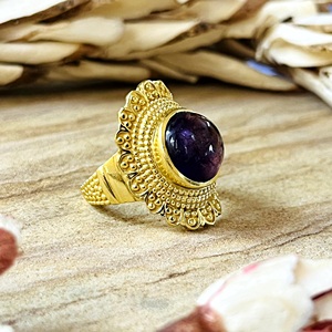 Hot Selling Brass <b>Rings</b> Boho Textured <b>Statement</b> Jewelry Boho Brass <b>Rings</b> Women 18k Gold Plated Amethyst Cocktail Wholesale/OEM - Product Image 5