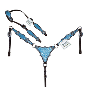 Ensemble de têtière en cuir Western avec conchos en strass bleu sarcelle à grosses paillettes scintillantes - Confortable et durable - Product Image 1