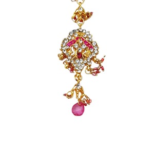 Vintage Gold Plated Kundan Tikka With Pink Enamel And Crystal Handmade Forehead Jewelry For Wedding - Product Image 1