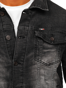Men's Black Washed Denim Jacket Slim Fit Turn-down Collar Button Front Casual Autumn Wear - Product Image 3