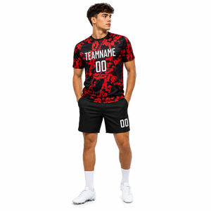 เสื้อฟุตบอลแบบซับลิเมชั่นสีดำแดงลายกรันจ์ แห้งเร็ว ชุดแข่งอีสปอร์ต ชุดทีม OEM - Product Image 3