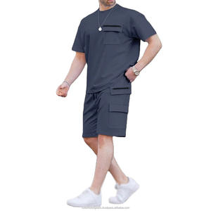 Conjunto de Verano para Hombre, Camiseta de Cuello Redondo y Manga Corta de Color Sólido Informal y Pantalones Cortos con Múltiples Bolsillos, Conjunto de 2 Piezas Moderno para el Día a Día - Product Image 3