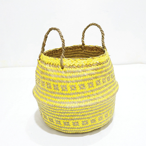 New Design Durable Circle Palm Leaf Belly <b>Basket</b> Yellow Woven Storage Bin <b>Foldable</b> with Handle - Product Image 5