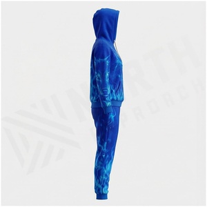 Ensemble de survêtement unisexe à capuche avec imprimé flamme de loup bleu, pantalon de survêtement décontracté long et veste, vêtements d'automne en polyester respirant - Product Image 3