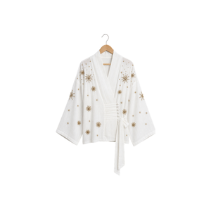 Kaftan blanc mini avec détails lacés, coupe ample, manches longues, tenue modeste, longueur mi-mollet, en coton, col en V, vêtements pour femmes - Product Image 1